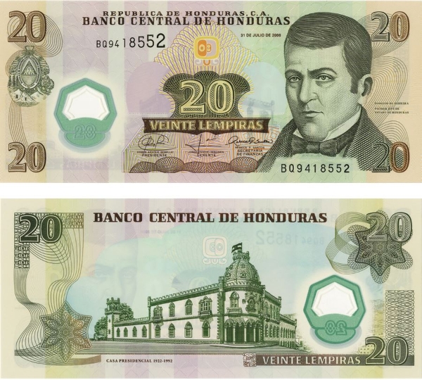 Picture of Honduras 20 Lempiras 2008 P95 Plastic Unc