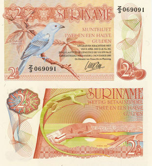 Picture of Surinam 2  1/2 Gulden 1985 Blue Bird P119 Unc