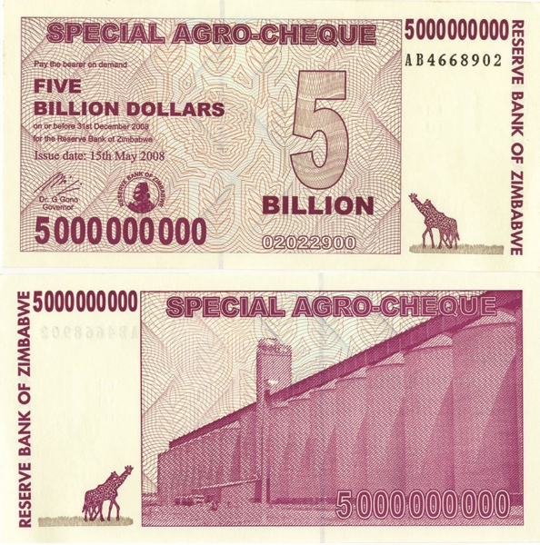 Zimbabwe 5 Billion Dollars 2008 P61 Unc