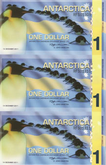 Picture of Antarctica 1 Dollar 2011 Plastic Uncut Sheet 3 Unc