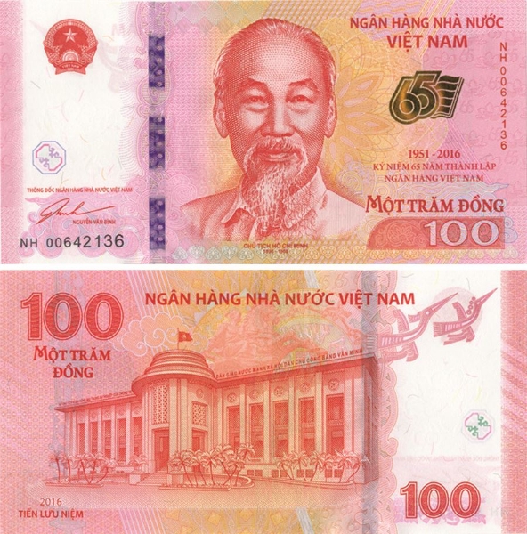 Picture of Vietnam 100 Dong 2016 65th Anniversary Bank P125 Unc