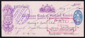 Picture of Union Bank of Scotland Ltd., Aberdeen, Holburn Branch, mauve underprint 19(44)