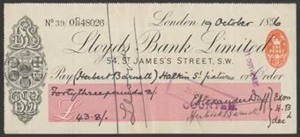 Picture of Lloyds Bank Ltd., 54 St. James's Street, S.W., overstamped '16' in mauve, 189(6), Type 5