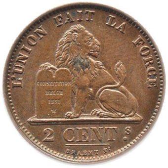 Picture of Belgium, 2 centimes, 1876. lustrous GEF (KM.35.1)