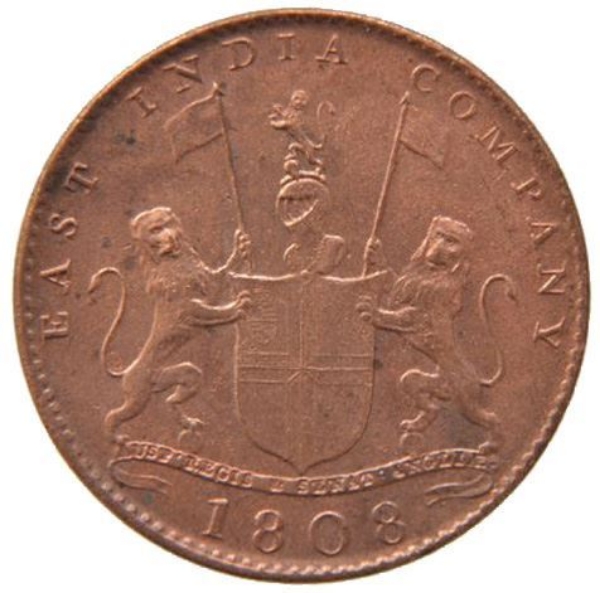 Picture of India, East India Company Treasure, Ten Cash Coin, EF