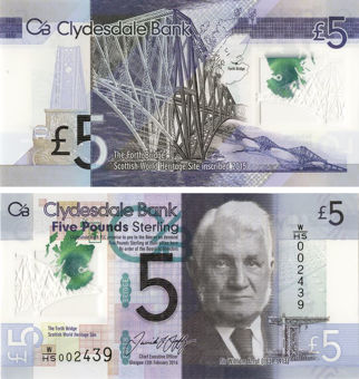 Picture of Clydesdale Bank £5  2016 W/HS Prefix Polymer Plastic  P235b Unc