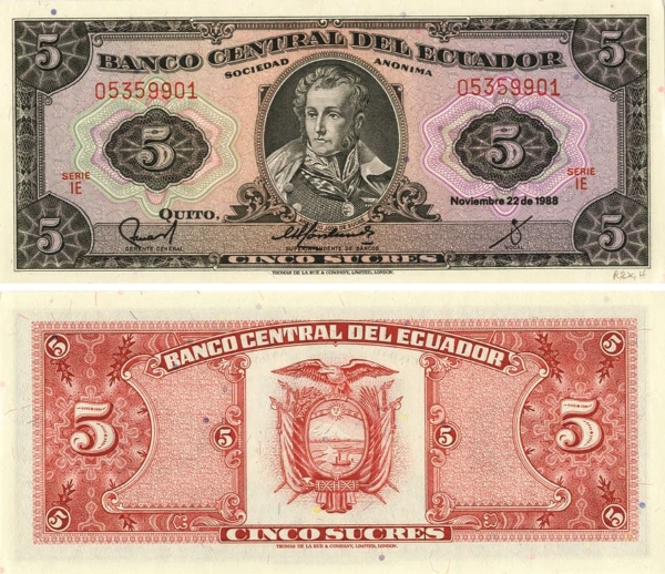 Picture of Ecuador 5 Sucres 1988 P113d Unc