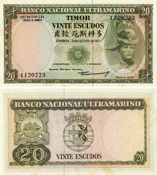 Picture of Timor 20 Escudos 1967 P26 Slight staining Unc