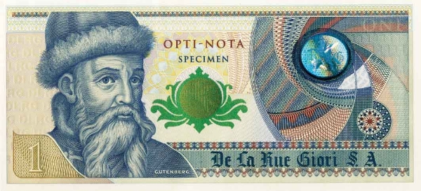 Picture of De La Rue Giori Test Note Gutenberg Uniface Unc