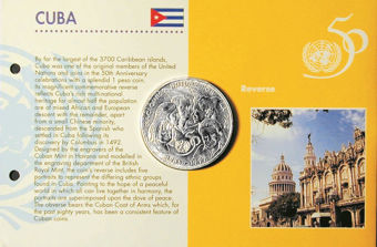 Picture of Cuba, 1 Peso (50th Anniversary of UN) 1995 Unc - in  Bubble Pack