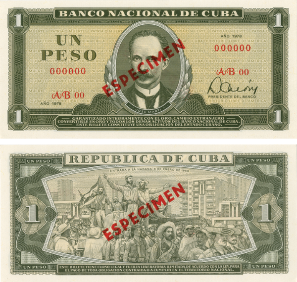 Cuba 1 Peso Specimen 1960's Fidel entering Havana Unc