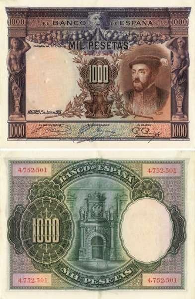 Spain_1000_Pesetas_1925_P70c_EF/ GEF