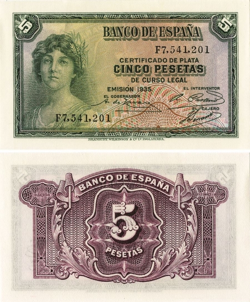 Picture of Spain 5 Pesetas 1935 P85a Unc