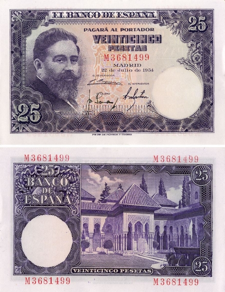 Picture of Spain, 25 Pesetas 1954 P147 A Unc