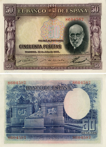 Picture of Spain 50 Pesetas 1935 P88 Crisp EF/GEF