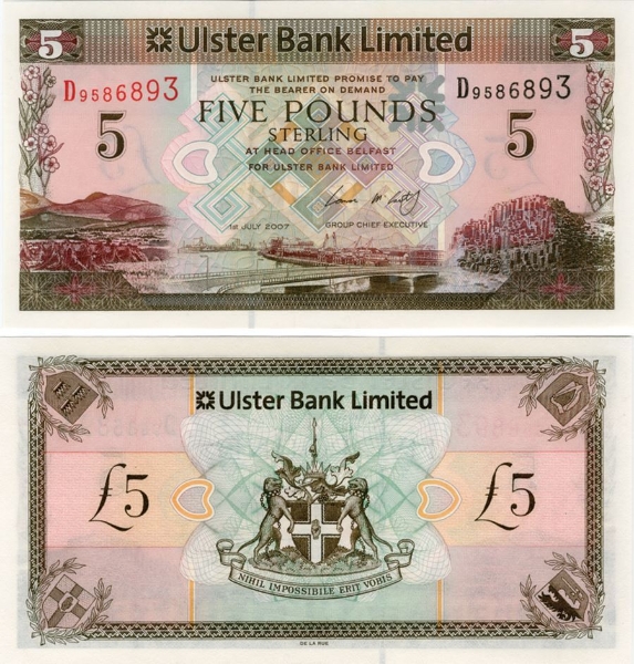Picture of N Ireland Ulster Bank £5 2007 P340 Unc D Prefix