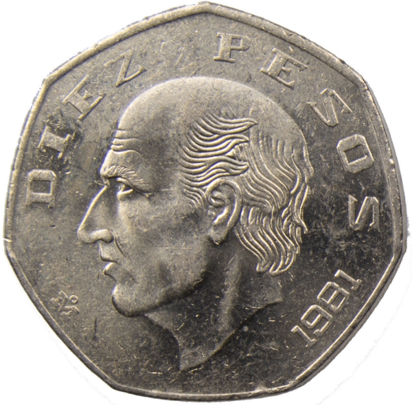 Picture of Mexico, 10 Pesos 1981 Unc