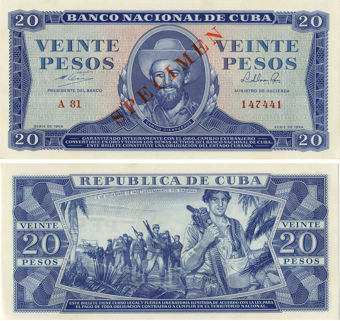 Picture of Cuba  Granma 20 pesos 1964 Specimen P97b Unc