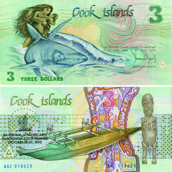Cook Islands 3 Dollars Green 6th Fest Pacific Arts 1992 P6 Unc