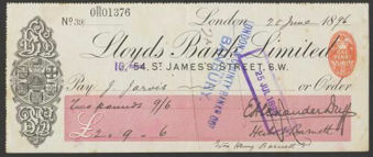 Picture of Lloyds Bank Ltd., 54 St. James's Street, S.W., overstamped '16' in mauve, 18(96), Type 5