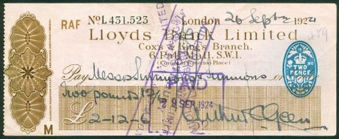 Picture of Lloyds Bank Ltd., Cox & King's Branch, London, 192(4), RAF account, type 14e