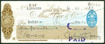 Picture of Lloyds Bank Ltd., overprinted on Cox & Co., London, 19(23), RAF account, type 3