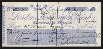 Picture of London & Westminster Bank, ovptd LIMITED in red, Bloomsbury Branch, 18(78)