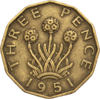 1951 Threepence in Brass (Scarce) Fine_rev