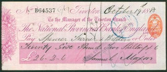 Picture of National Provincial Bank of England Ltd., Tiverton, 18(82), type 9a
