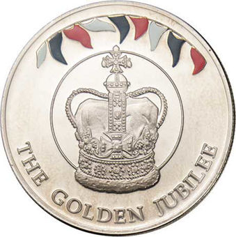 Golden Jubilee Crown Cover Falklands coin/Antigua stamps_rev