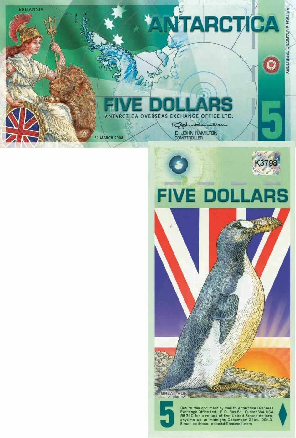 Antarctica $5 Polymer Paper Money 14-Dec-2011 UNC 