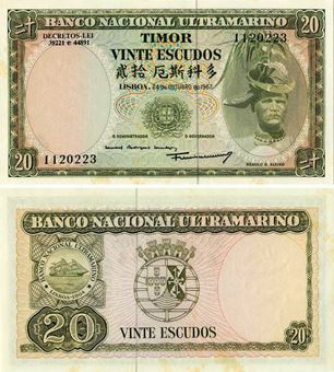 Picture of Timor 20 Escudos 1967 P26 Slight staining Unc
