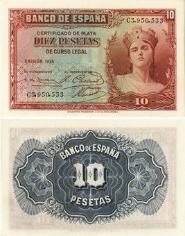 Picture of Spain 10 Pesetas 1935 P86 Unc