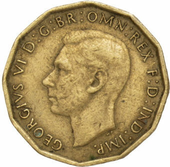 1946 Threepence in Brass (Scarce) Circulated_obv 