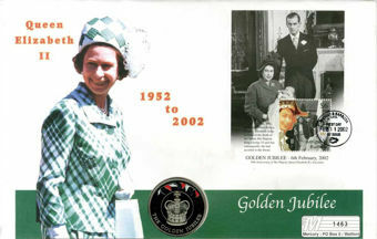 Golden Jubilee Crown Cover Falklands coin/Antigua stamps_obv