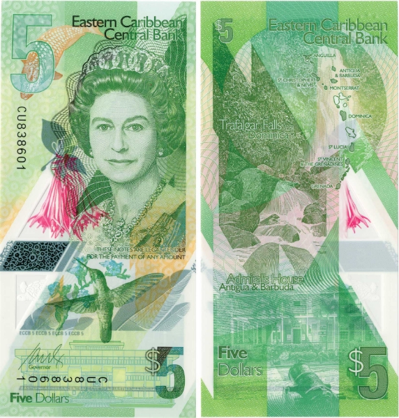 East Caribbean 5 Dollars P-New Polymer Unc