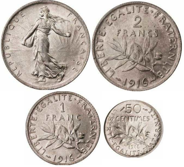France, 3 Coin Set 1916 Extremely Fine