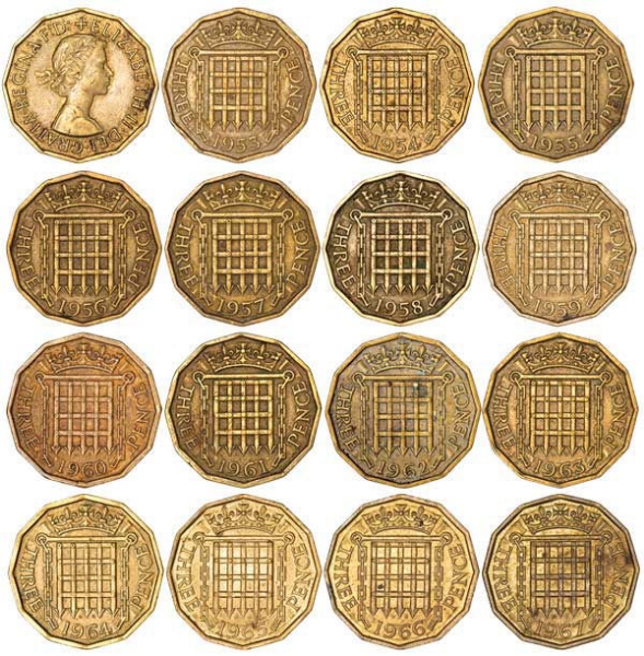 Elizabeth II, Brass Threepence Set 1953-1967_obv