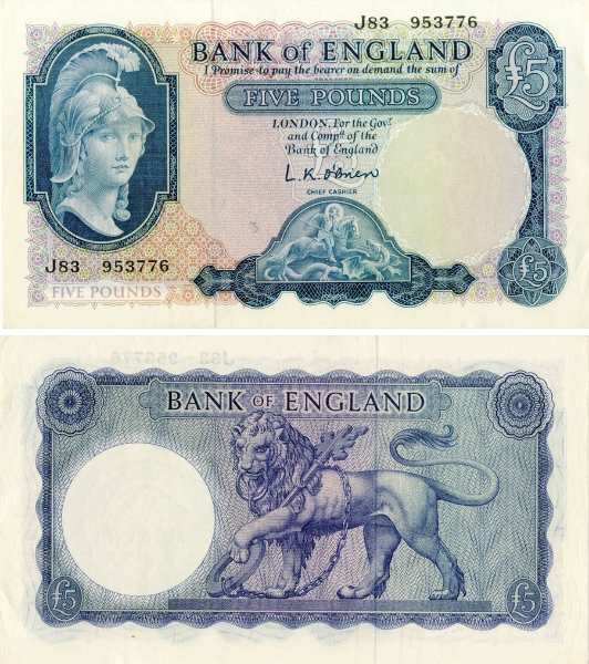 L K O'Brien Britannia Blue £5 B280 AUnc