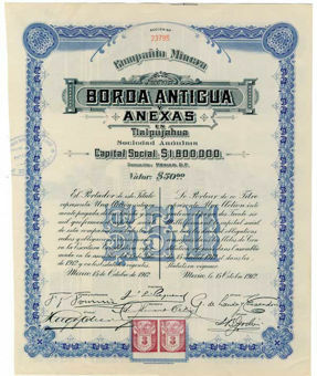 Mexico Borda Antigua Y Anexas 50 Dollars Share 1912_obv