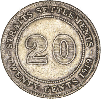 George V, Straits Settlements 20c 1919 Fine_rev