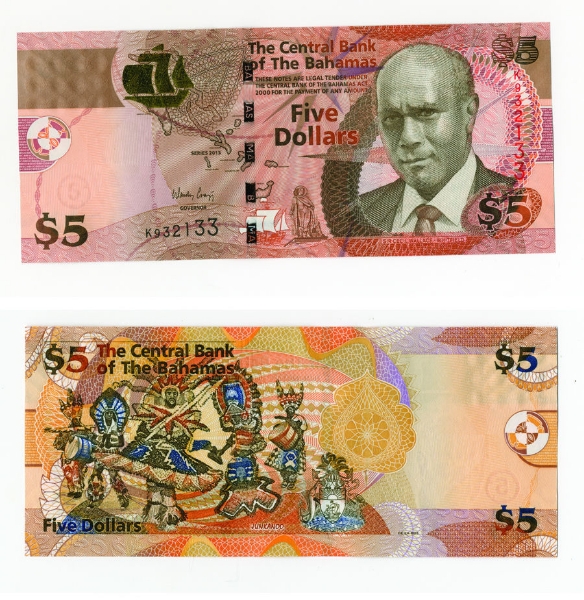 Bahamas 5 Dollars  2013 P72A Unc