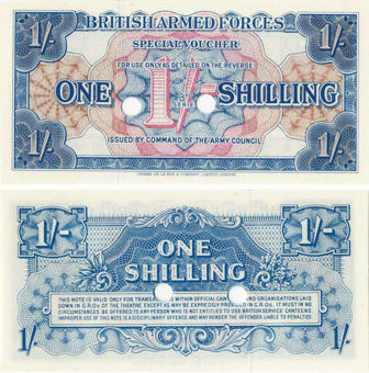 British Armed Forces 1/- 3rd Issue PM26b Hole Cancelled Unc
