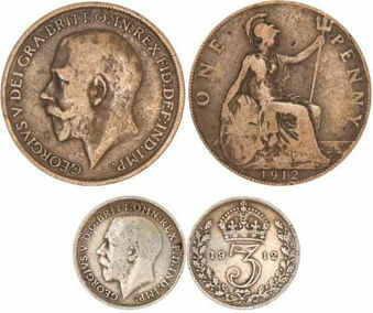 George V_Sterling_Silver_Threepence_&_Bronze_Penny_Year_of_the_Titanic_Disaster_1912_VG