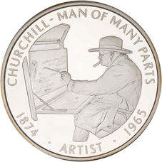 Falkland Islands, 50 Pence Churchill - Man of Many Parts 'Artist' Silver Piedfort Crown_rev