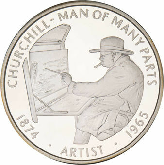 Falkland Islands, 50 Pence Churchill - Man of Many Parts 'Artist' Silver Crown_rev
