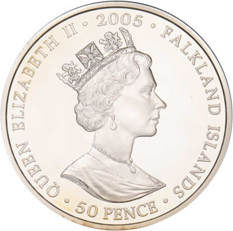 Falkland Islands, 50 Pence Churchill - Man of Many Parts 'Author' Silver Crown_rev