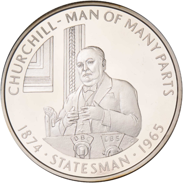 Falkland Islands, 50 Pence Churchill - Man of Many Parts 'Statesman' Silver Piedfort Crown_obv