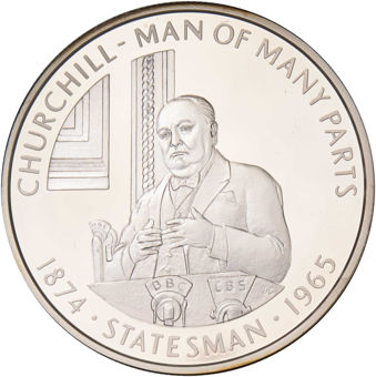 Falkland Islands, Crown-size Churchill (Man of Many Parts) Silver Proof 50 Pences_Statesman