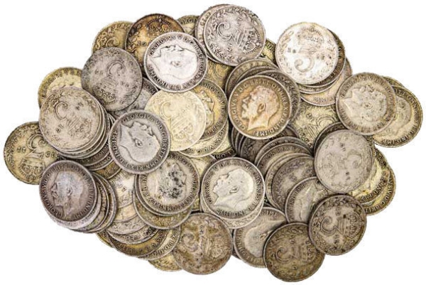George V, 10 (1911-1919) 10 Mixed Sterling Silver Threepences
